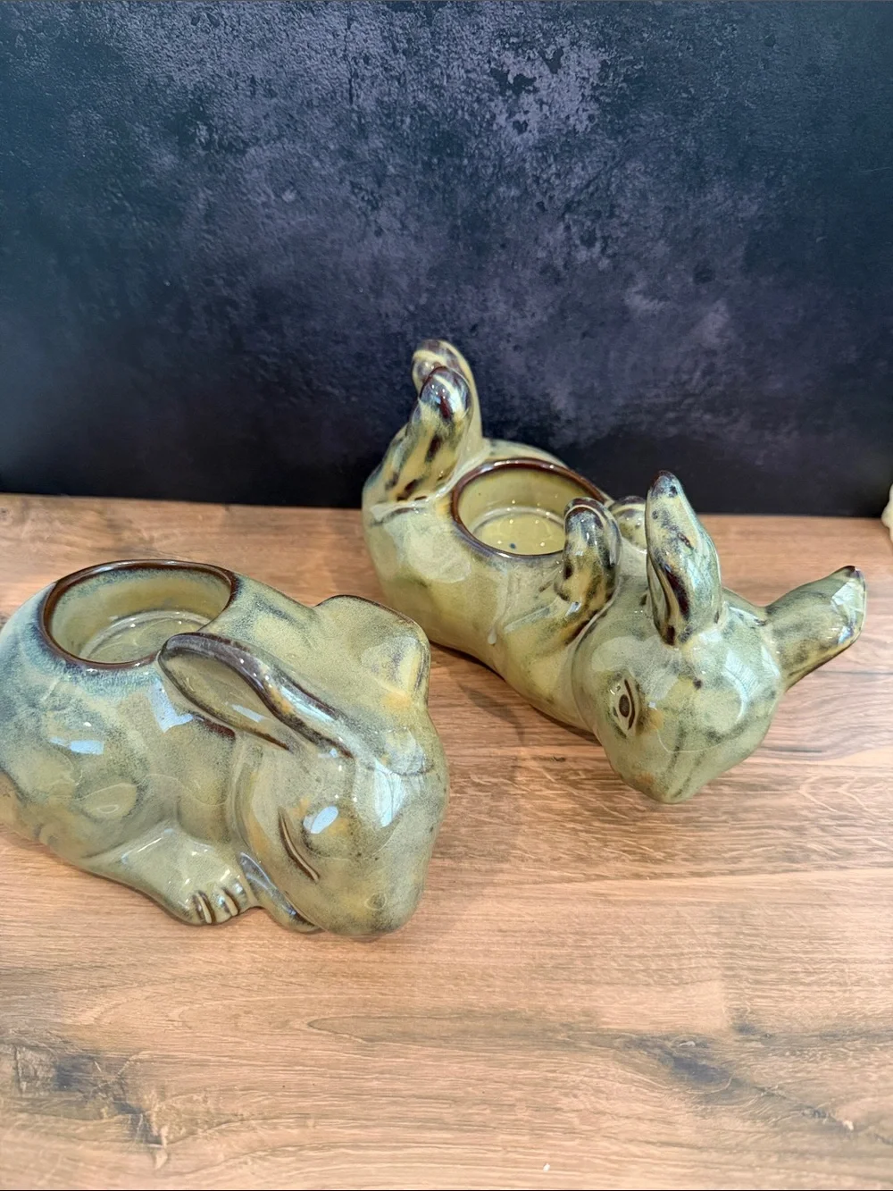 PartyLite Olive Green Ceramic Bunny Planter Pair
